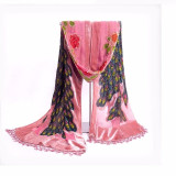 Vintage Peacock 100% Velvet Silk Scarves Chinese Style Women's Beaded Embroidery Shawl Scarf Wrap Long Fringle Pashmina Stole