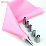 8 PCS/set Silicone Kitchen Accessories Icing Piping Cream Pink Pastry Bag + 6 Stainless Steel Nozzle DIY Cake Decorating Tips