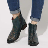 Retro Flower Boots Pattern Stitching Ladies Shoes Genuine Leather Elastic Band Zipper Ankle Boots Boots Women Shoes