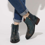 Retro Flower Boots Pattern Stitching Ladies Shoes Genuine Leather Elastic Band Zipper Ankle Boots Boots Women Shoes