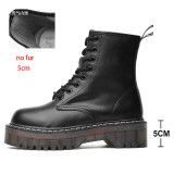 Motorcycle Platform Boots Women Wedge Shoes Autumn Winter Fur Fashion Round Toe Lace-up Genuine Leather Boots Ladies Shoes