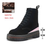 Motorcycle Platform Boots Women Wedge Shoes Autumn Winter Fur Fashion Round Toe Lace-up Genuine Leather Boots Ladies Shoes