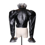 Patchwork Mesh PU Leather Women's Jackets V Neck Puff Long Sleeve High Waist Slim Bow Coat Female Fashion Tide