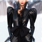 Patchwork Mesh PU Leather Women's Jackets V Neck Puff Long Sleeve High Waist Slim Bow Coat Female Fashion Tide
