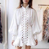 Long Lantern Sleeve Stand Collar Elastic Waisted Bodycon Sexy Ruffle Hem Mini Dress Women  Autumn Fashion Clothing