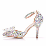 European Wedding Shoes Female White Drill Rhinestone Crystal Sandals Stiletto Pointed  Bridal Shoes High Heels