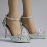 European Wedding Shoes Female White Drill Rhinestone Crystal Sandals Stiletto Pointed  Bridal Shoes High Heels