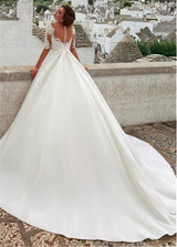 Simple Satin Jewel Neckline A-line Wedding Dress With Lace Appliques & 3D Flowers Half Sleeves Bridal Gowns wedding gown