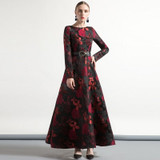 High Quality Elegant Women Long Sleeve Long Maxi Dress Fall Plus Size Floral Lady Jacquard Autum winter Dress vintage Fashion