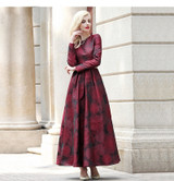 Women's Long Sleeve Long Maxi Autumn winter Dress Elegant Burgundy Floral Jacquard lady Fall Dress Boho Vintage Fashion Plus size