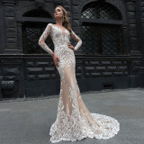 Ivory Lace Champagne Lining Satin Elegant Long Sleeve Mermaid Wedding Dresses Vestido De Noiva Sereia New Style Trumpet Gowns