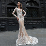 Ivory Lace Champagne Lining Satin Elegant Long Sleeve Mermaid Wedding Dresses Vestido De Noiva Sereia New Style Trumpet Gowns
