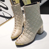 Women Ankle Boots Pointed Toe High Heels Zipper Square Heel Ladies F Short Boots