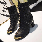 Women Ankle Boots Pointed Toe High Heels Zipper Square Heel Ladies F Short Boots