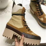New Ankle Boots Genuine Leather Round Toe Thick Heel Floral Printed Platform Short Boots Autumn Winter Boots Lace Up Shoes Women