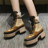 New Ankle Boots Genuine Leather Round Toe Thick Heel Floral Printed Platform Short Boots Autumn Winter Boots Lace Up Shoes Women