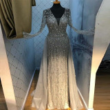 New Arrival Silver Evening Dresses Elegant V Neck Long Sleeve Tulle Crystal Beads Formal Dress Party Women Evening Gown Mermaid New Arrival Silver Evening Dresses Elegant V Neck Long Sleeve Tulle Crystal Beads Formal Dress Party Women Evening Gown Mermaid