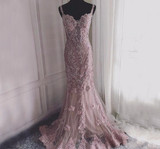 Pink Sexy Elegant Evening Dress 2020 Lace Pearls Diamond Mermaid Formal Party Gown