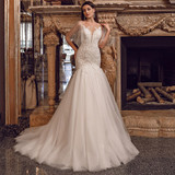 Luxurious Tulle Mermaid Wedding Dress 2021 Fashion Sweep Train Appliques Scoop Neck Illusion Sleecve Bridal Gowns