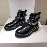 Women Black Genuine Leather Boots Female Motorcycle Boots punk Rivets Chain Shoes Women Winter Ankle Boots Size 35-41