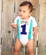 Teal Blue Red Baby Boy First Birthday Outfit - Birthday Shirt - Cute First Birthday Outfits for Boys - Bow Tie and Suspenders - I'm One -1st
