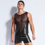 Mesh and Faux Leather Sleeveless Shirt Mesh and Faux Leather Sleeveless Shirt