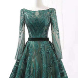 A-line evening dresses long sleeves o-neck elegagnt evening gown for women green formal dresses robe de soiree