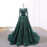 A-line evening dresses long sleeves o-neck elegagnt evening gown for women green formal dresses robe de soiree