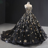 sexy evening dress long strapless ball gown lace up black evening dresses with gold star abiye gece elbisesi