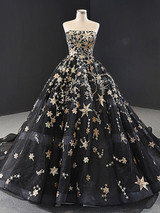 sexy evening dress long strapless ball gown lace up black evening dresses with gold star abiye gece elbisesi