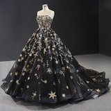 sexy evening dress long strapless ball gown lace up black evening dresses with gold star abiye gece elbisesi
