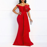 Women Off Shoulder Long Dress Sexy Mermaid Slash Neck Beads Skinny Prom Evening Fashion Plus Size Lace Elegant Party Maxi Dress