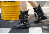 retro style knight boots women white cow leather thick bottom mid calf boot buckle belt lace up short boots women