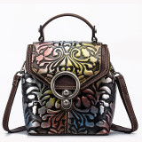 Vintage Women Genuine Leather Backpack Luxury Designer Embossed Small Daypack Ladies Cowhide Shoulder Crossbody Bags