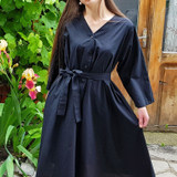 New  Women Dresses Spring Summer Cotton and Linen Elegant Pleated Long White Dresses V Neck Lace Up Bow DR1086