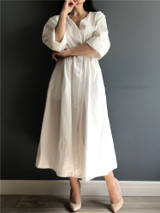 New  Women Dresses Spring Summer Cotton and Linen Elegant Pleated Long White Dresses V Neck Lace Up Bow DR1086