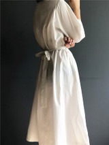 New  Women Dresses Spring Summer Cotton and Linen Elegant Pleated Long White Dresses V Neck Lace Up Bow DR1086