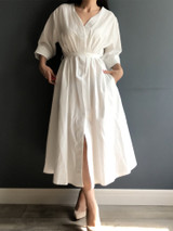 New  Women Dresses Spring Summer Cotton and Linen Elegant Pleated Long White Dresses V Neck Lace Up Bow DR1086