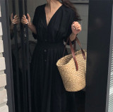 New  Women Dresses Spring Summer Cotton and Linen Elegant Pleated Long White Dresses V Neck Lace Up Bow DR1086