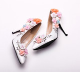 Custom Made White Satin Flower High Heel Lady shoes Elegant Bridal Wedding Shoes Pointed Toe Women Bridesmaid Shoes