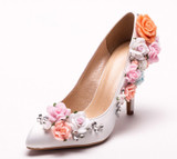 Custom Made White Satin Flower High Heel Lady shoes Elegant Bridal Wedding Shoes Pointed Toe Women Bridesmaid Shoes