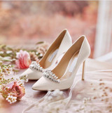 women white wedding thin high heels pumps lady pointed toe crystal shoes  bride white high heel wedding shoes