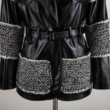 Patchwork PU Leather Woolen Coats Female Lapel Collar Long Sleeve High Waist Lace Up Hit Color Jackets Women Tide