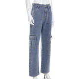 Pockets Patchwork High Waist Jeans Women Streetwear Straight Jean Femme Blue 100% Cotton Cargo Pants