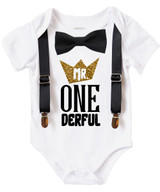 Mr Onederful First Birthday Outfit Black and Gold with Suspenders