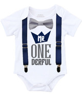 Mr Onederful First Birthday Shirt Navy and Grey with Suspenders