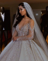 Luxury Arabic Ball Gown Wedding Dress Long Sleeve With Large Beaded Applique Sweetheart Button Back Long Train Wedding Gowns