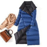 Women Double Sided Down Long Jacket Winter Turtleneck White Duck Down Coat Double Breasted Warm Parkas Snow Outwear