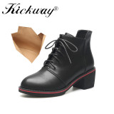 Women Ankle Boots 2017 Winter Genuine Leather Med heel Boots Gladiator Round toe Shoes Woman Lace Up Ankle Boots Botas