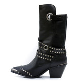 Rivet Pointed Toe Luxury Brand Women Winter Boots Genuine Leather High Heel Chunky Metal Stud Mid-calf Boots
